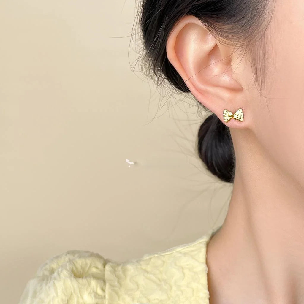 Tiny Micro Pave Zircon 14K Plated Copper Bow Stud Earrings Minimalist Everyday Jewelry