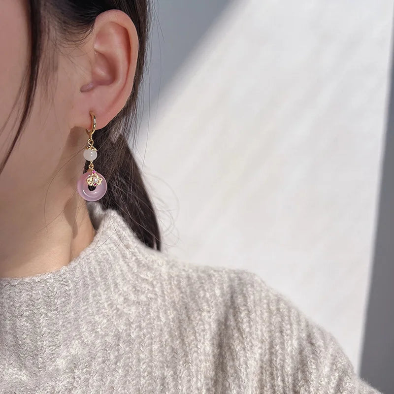Elegant Pink Donut Peace Buckle Alloy Pearl Drop Stud & Clip On No Piercing Vintage Earrings