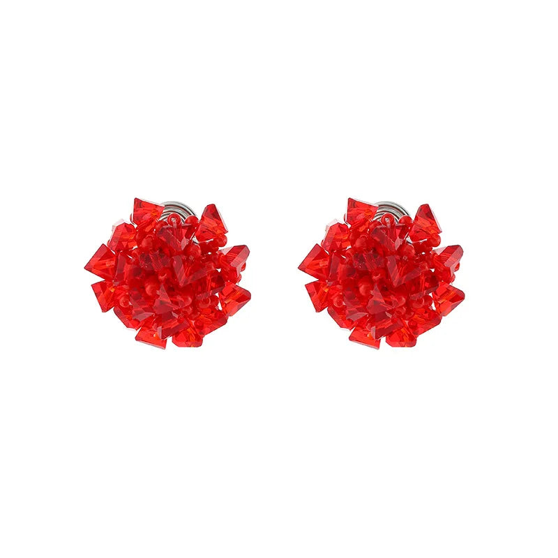 Sweet Red Crystal Beaded Flower Stud & Clip On No Piercing Handmade Statement Womens Earrings