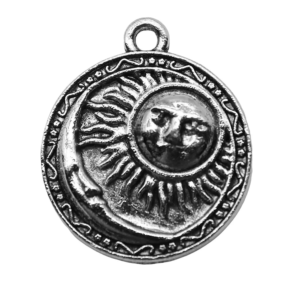 19x23mm 2.2g Antique Silver Zinc Alloy Sun Moon Round Disc Charm Pendant for DIY Necklace Bracelet