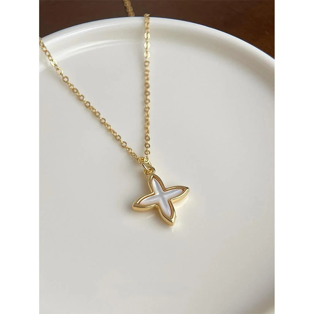 18K Gold Plated Shell Flower Star Pendant Necklace For Women, Minimalist Luxury Collarbone Chain