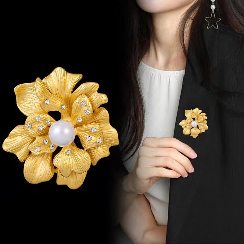 Elegant Gold Alloy Peony Flower Brooch With Pearl And Rhinestone Double Petals, 3D Lapel Pin Gift