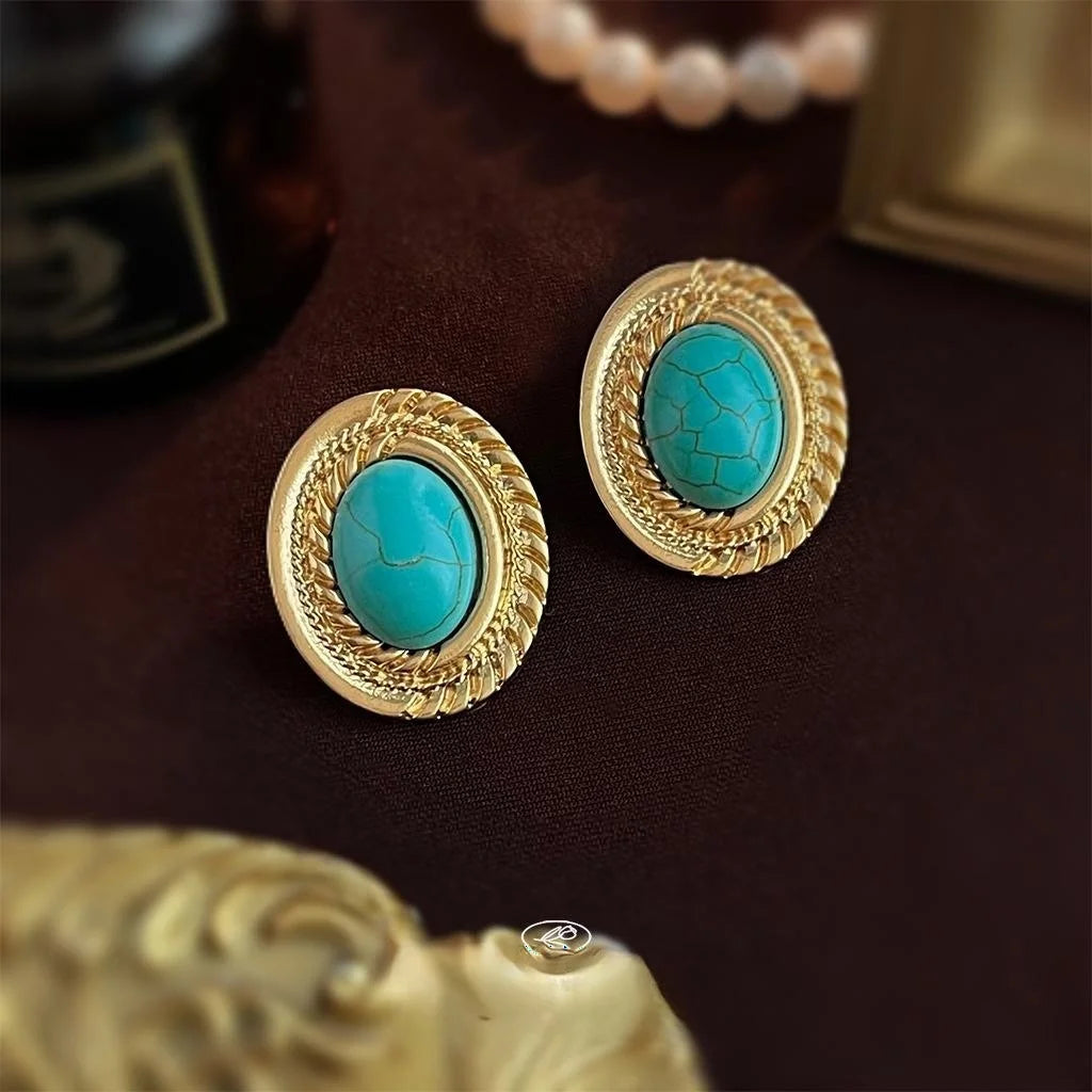 Vintage Artistic Oval Geometric Matte Copper Synthetic Turquoise Drop Earrings