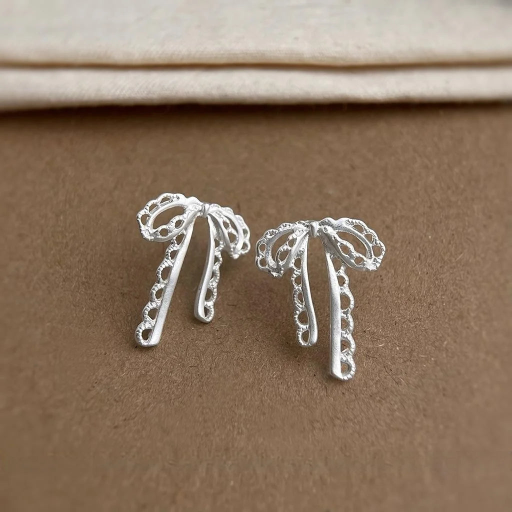 Sweet Lolita Lace Bow Copper Drop Earrings With Matte Silver Plated Pins