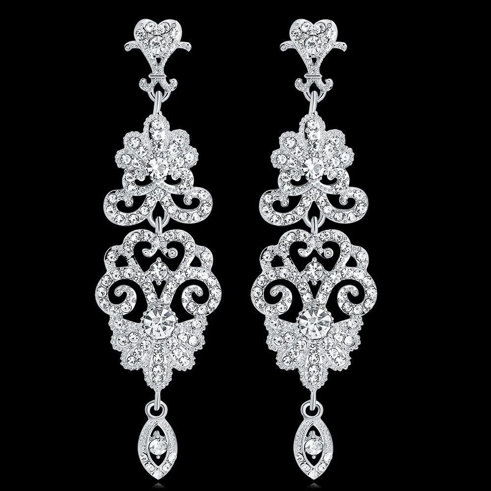 Luxury Silver Tone Rhinestone Filigree Teardrop Chandelier Earrings For Wedding Party Banquet Gift