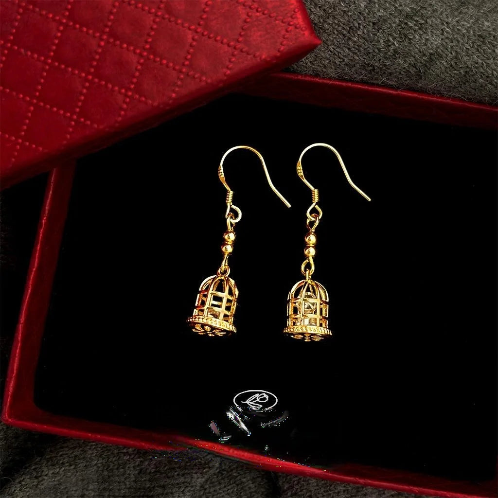 14K Gold Plated Copper Birdcage Drop Earrings, French Vintage Designer Style