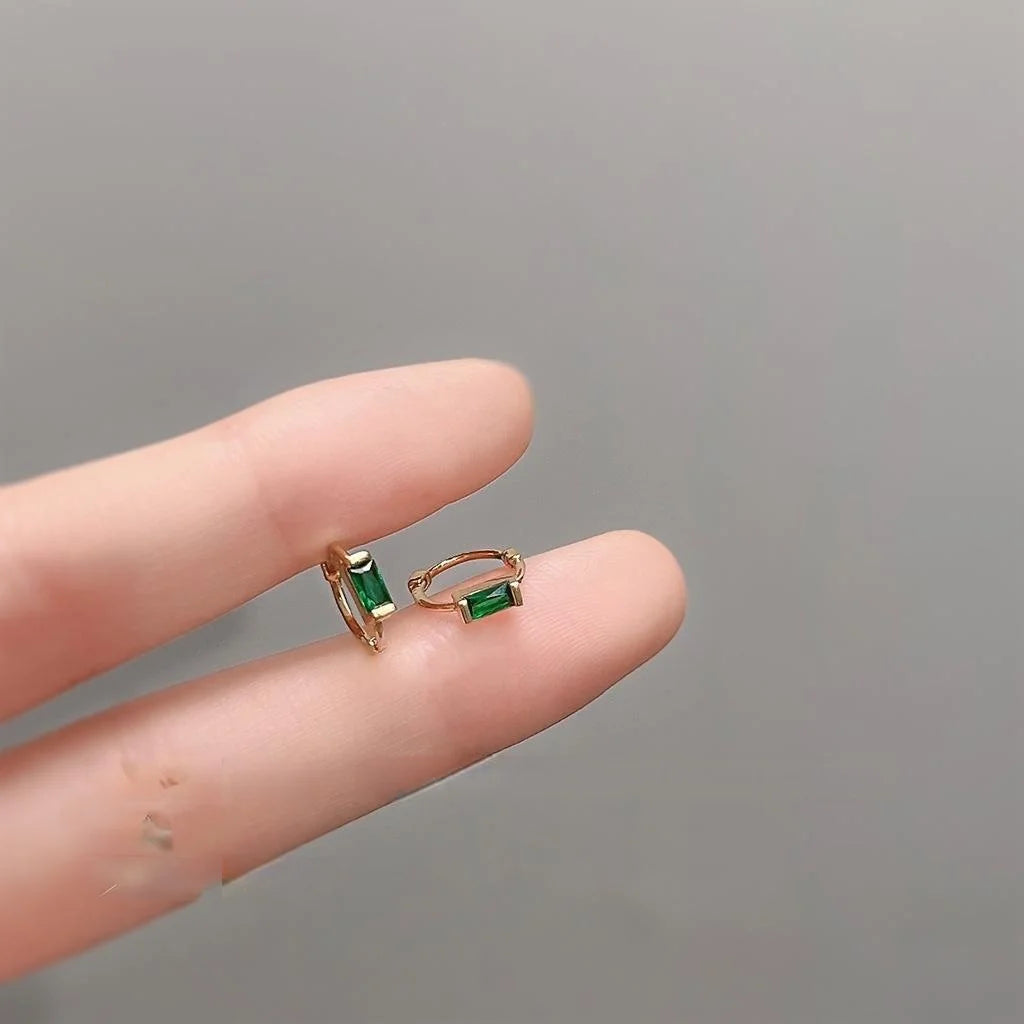 Minimalist Copper Green Rectangular Zircon Stud Earrings Micro Pave Geometric Daily Jewelry