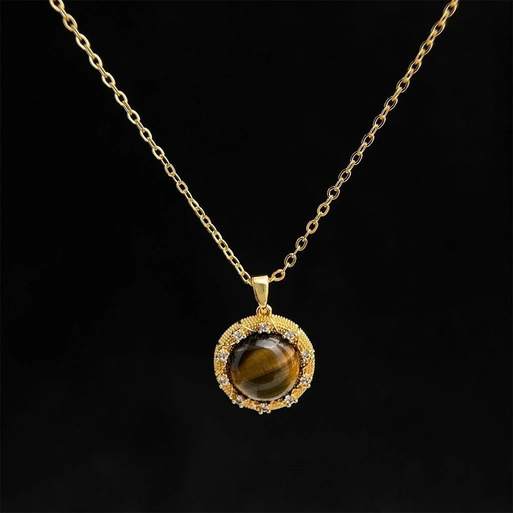 18K Gold Plated Natural Tiger Eye Stone Round Geometric Micro Pave Zircon Necklace