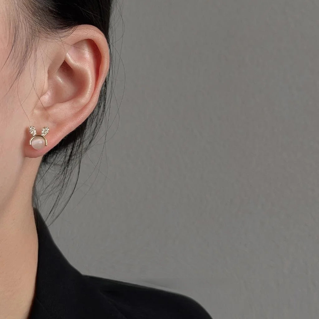 Sweet 14K Gold Plated Copper Rabbit Stud Earrings With Glass Cat Eye Stone And Micro Pave Zircon