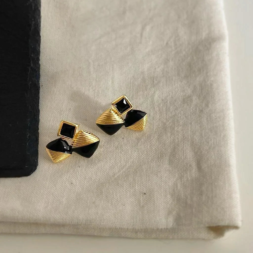 Premium Copper Black Enamel Geometric Zircon Square Stud Earrings