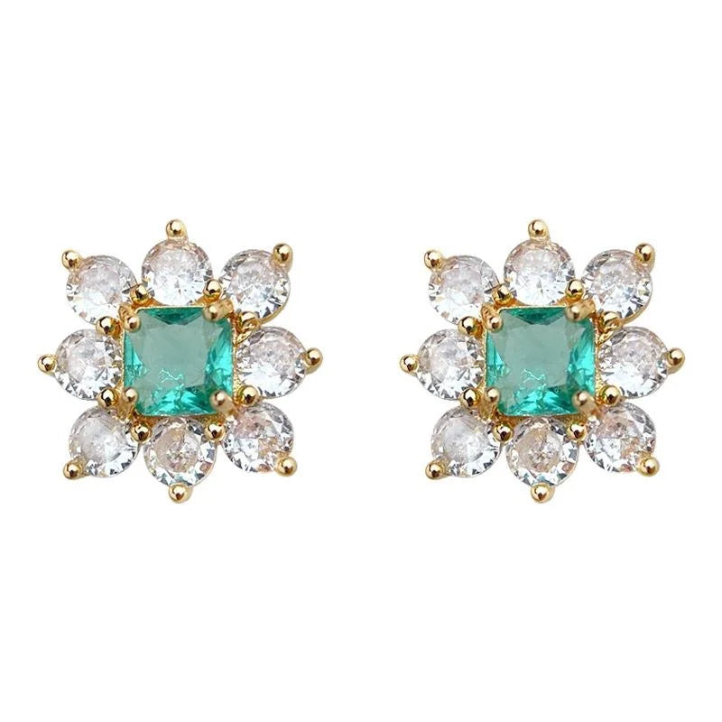 Ice Blue Zircon Flower Stud Earrings Copper Silver Plated Light Luxury Ear Jewelry