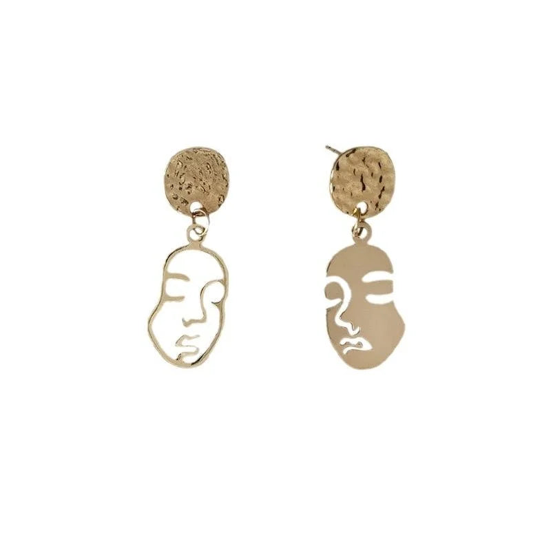 Vintage Copper Abstract Face Stud Earrings Asymmetric 14K Plated Light Luxury Jewelry