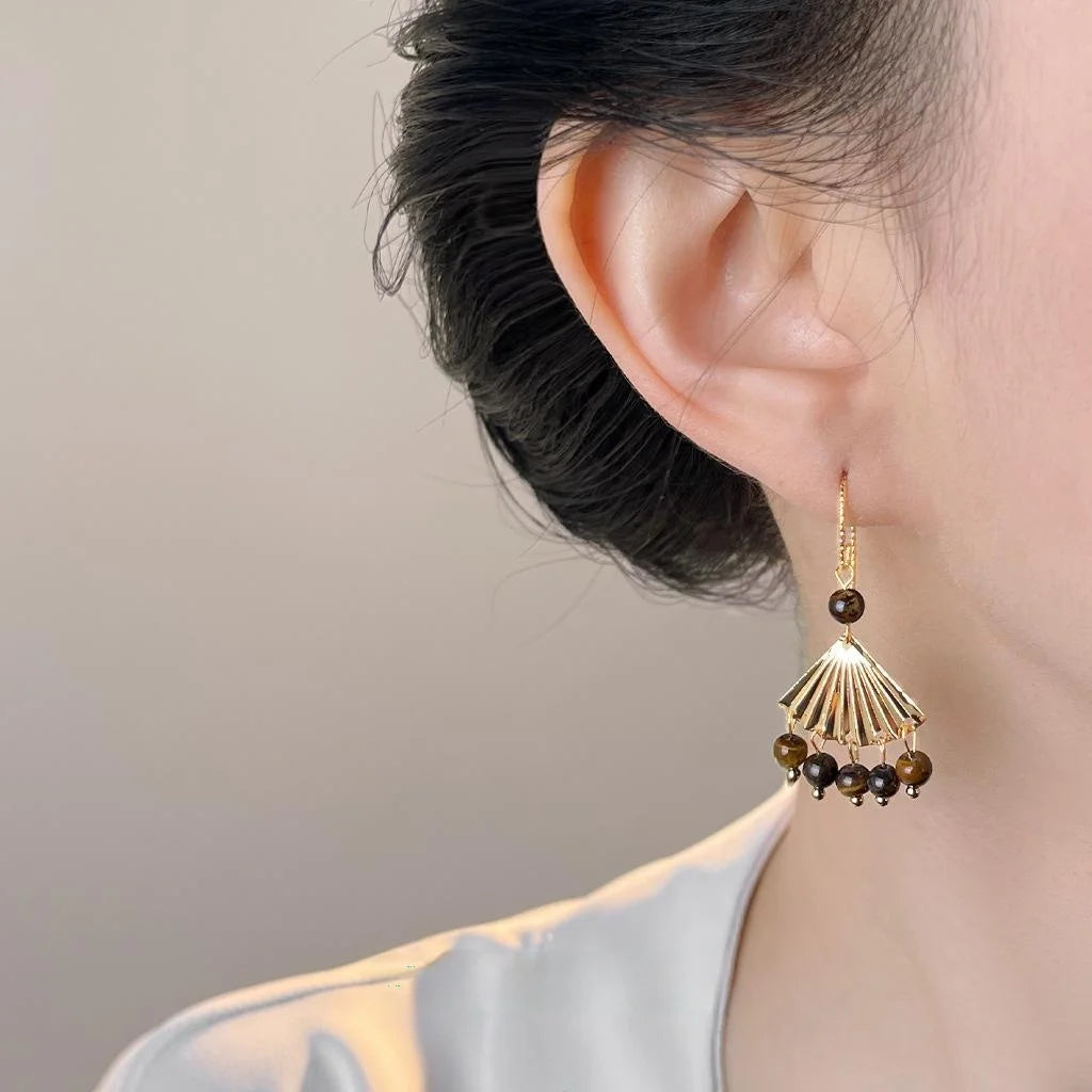 Maillard Vintage Copper Natural Tiger Eye Fan Tassel Drop Earrings For Women