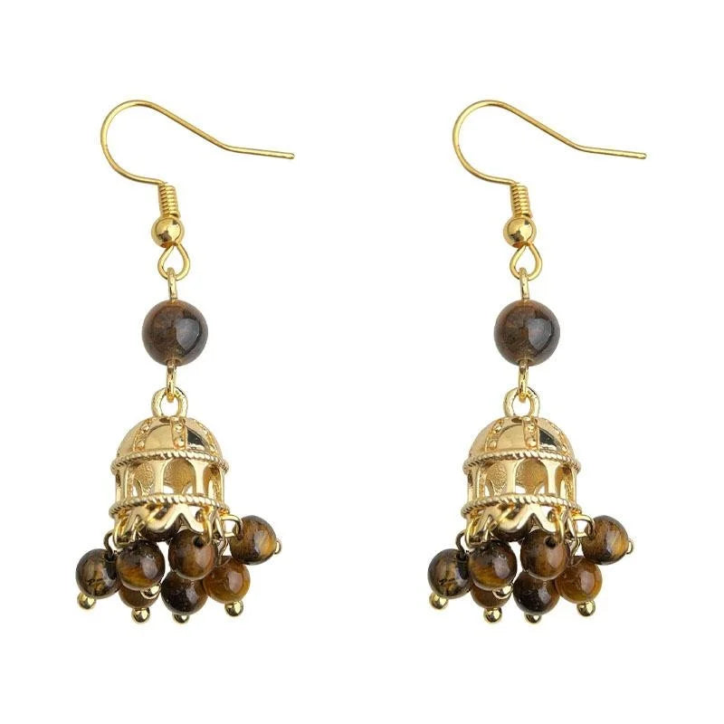 Vintage Handmade Copper Tiger Eye Birdcage Drop Earrings Maillard Geometric Designer Jewelry