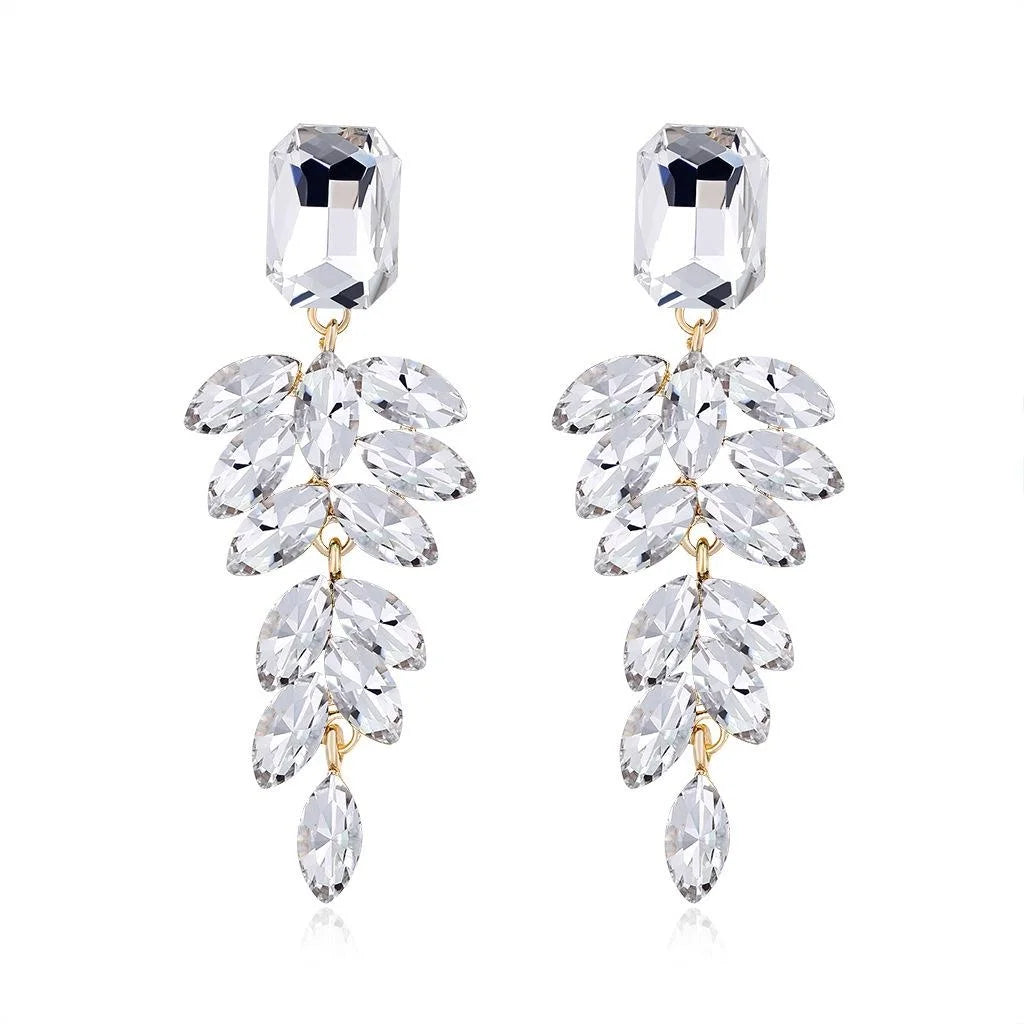 Elegant Champagne Crystal Leaf Tassel Drop Earrings, Luxury Rhinestone Dangle Jewelry For Wedding Party