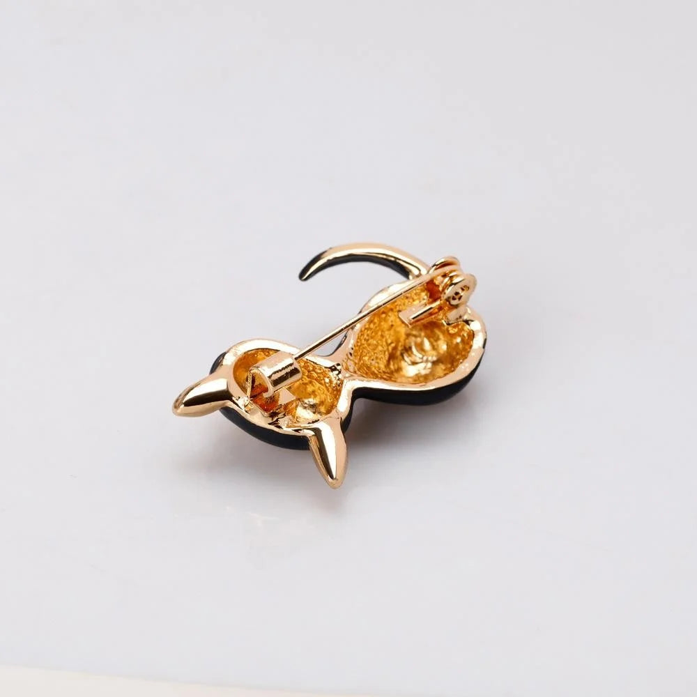 Cute Black Enamel Cat Brooch With Gold Alloy Rhinestone Eyes, Luxury Lapel Pin Corsage Gift For Women