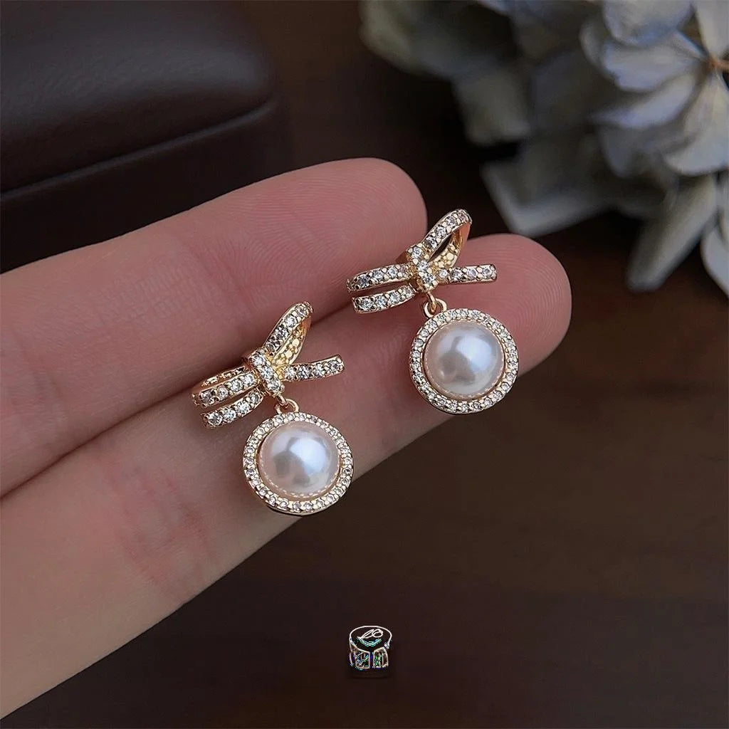 French Vintage Bow Drop Earrings Eco-Friendly Copper Pearl Micro Pave Zircon Hepburn Style Jewelry