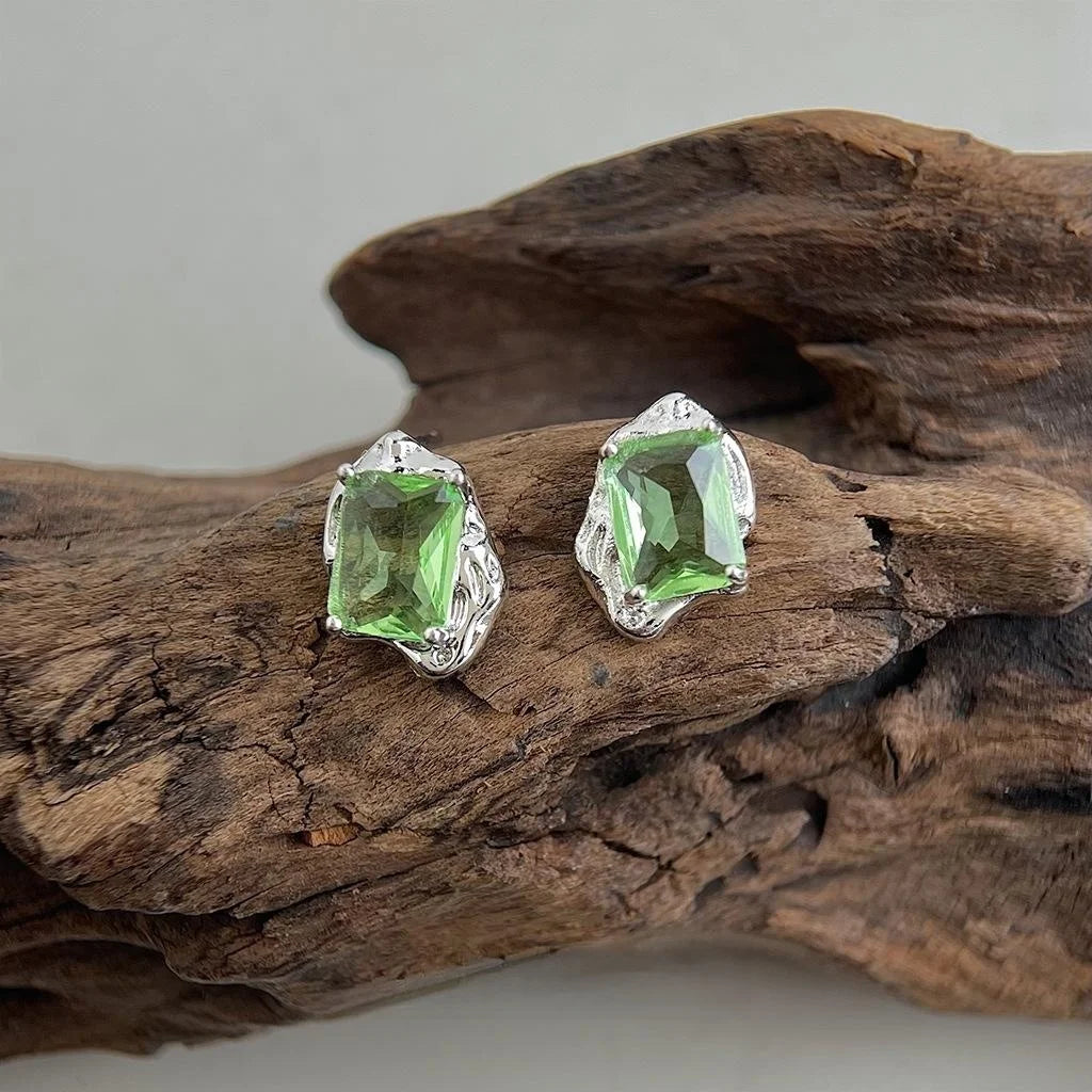 Fresh Grass Green Zircon Micro Pave Eco Copper Liquid Metal Irregular Geometric Stud Earrings