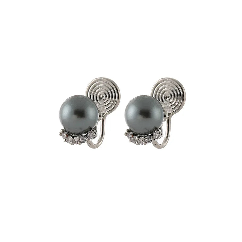 Elegant Luxury Gray Pearl Crescent Zircon Stud & Clip On No Piercing Spiral Ear Cuff Earrings