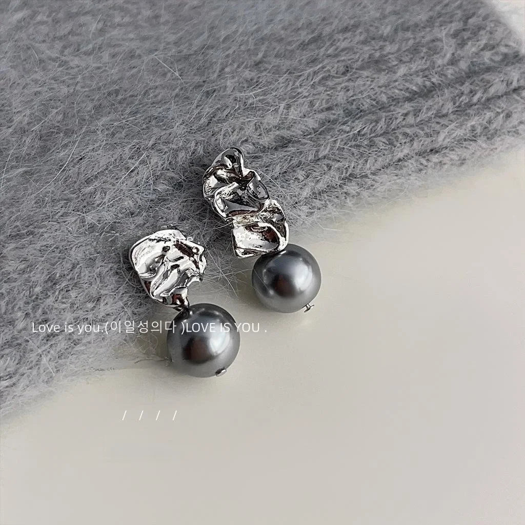 Asymmetric Gray Glass Pearl Drop Earrings Copper Geometric Luxury Style