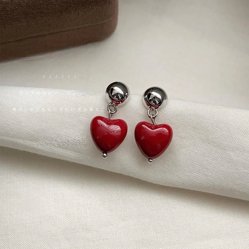 Elegant Burgundy Heart Drop Earrings, Handmade Resin Lacquer Copper