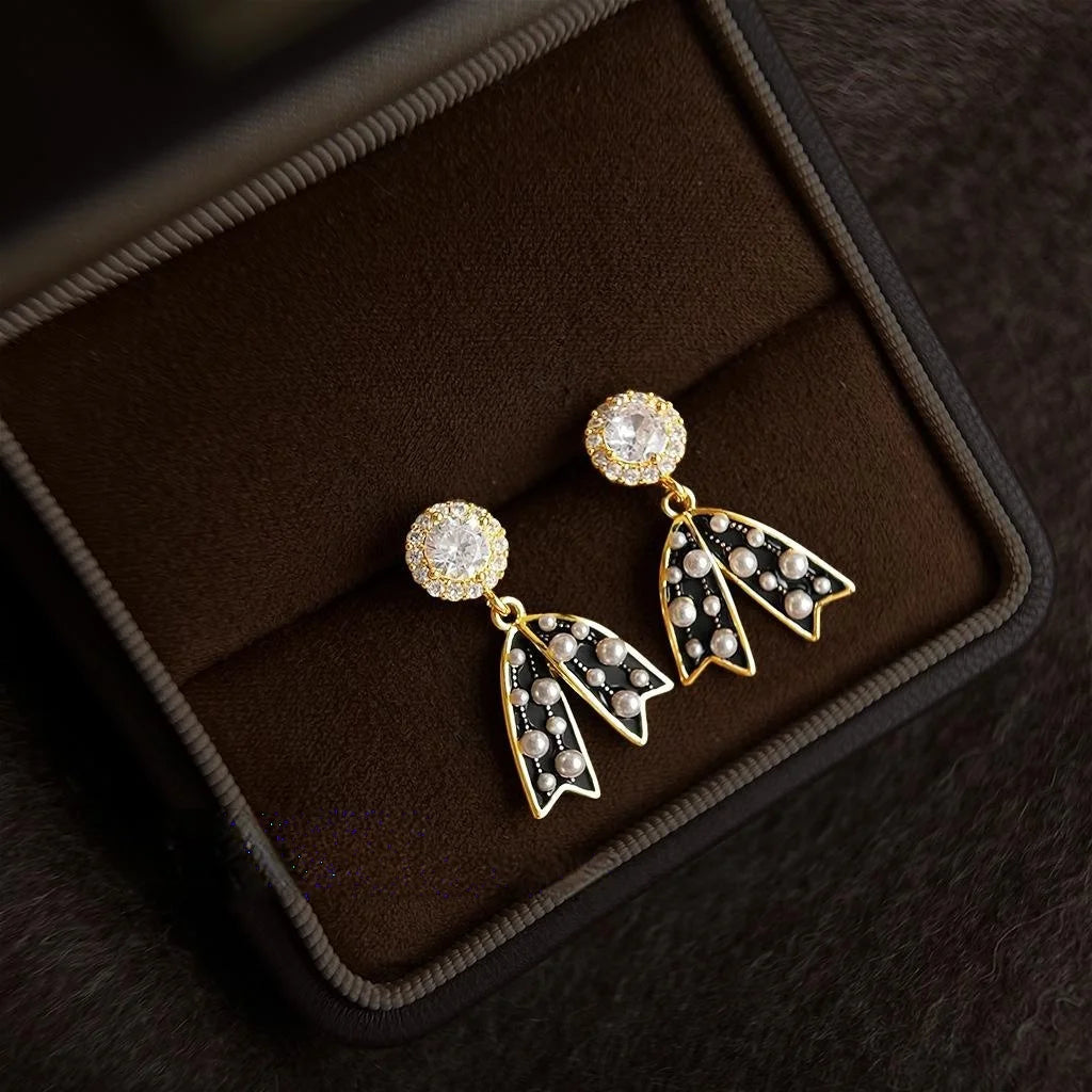 Cute Black Enamel Polka Dot Bow Drop Earrings Copper Micro Pave Zircon Fashion Jewelry