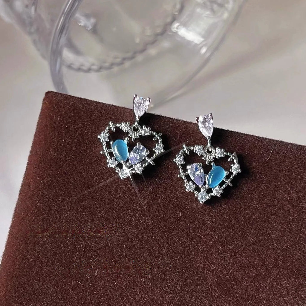 Sweet Cool Copper Hollow Heart Stud Earrings With Micro Pave Zircon And Two Tone Glass Cat Eye Stone