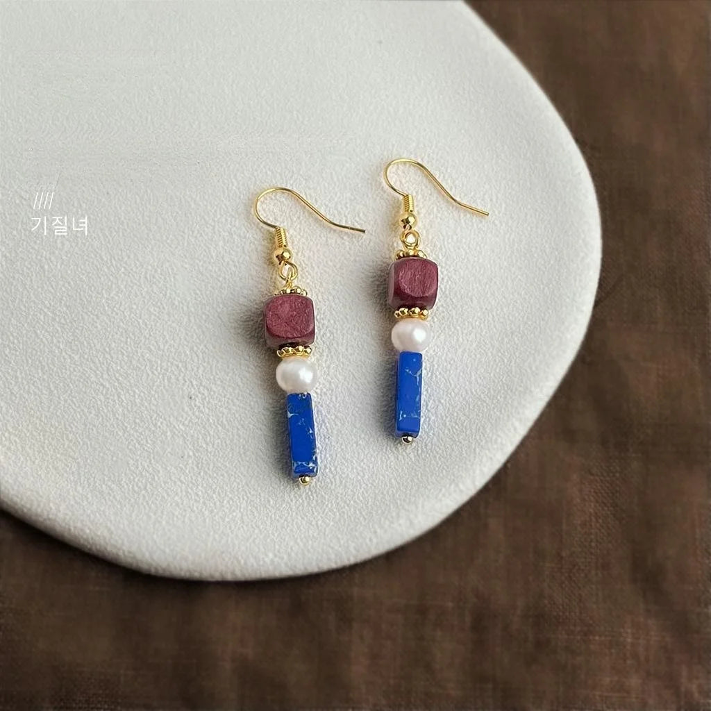 Vintage Ethnic Handmade Geometric Drop Earrings With Freshwater Pearls And Synthetic Imperial Jasper
