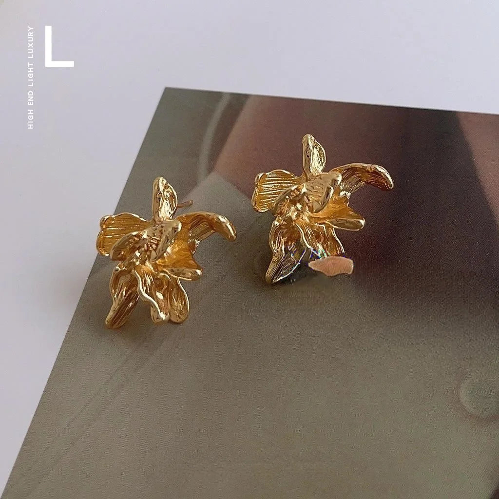 Copper Iris Flower Stud Earrings 3D Geometric Sweet Cool Style Jewelry For Women