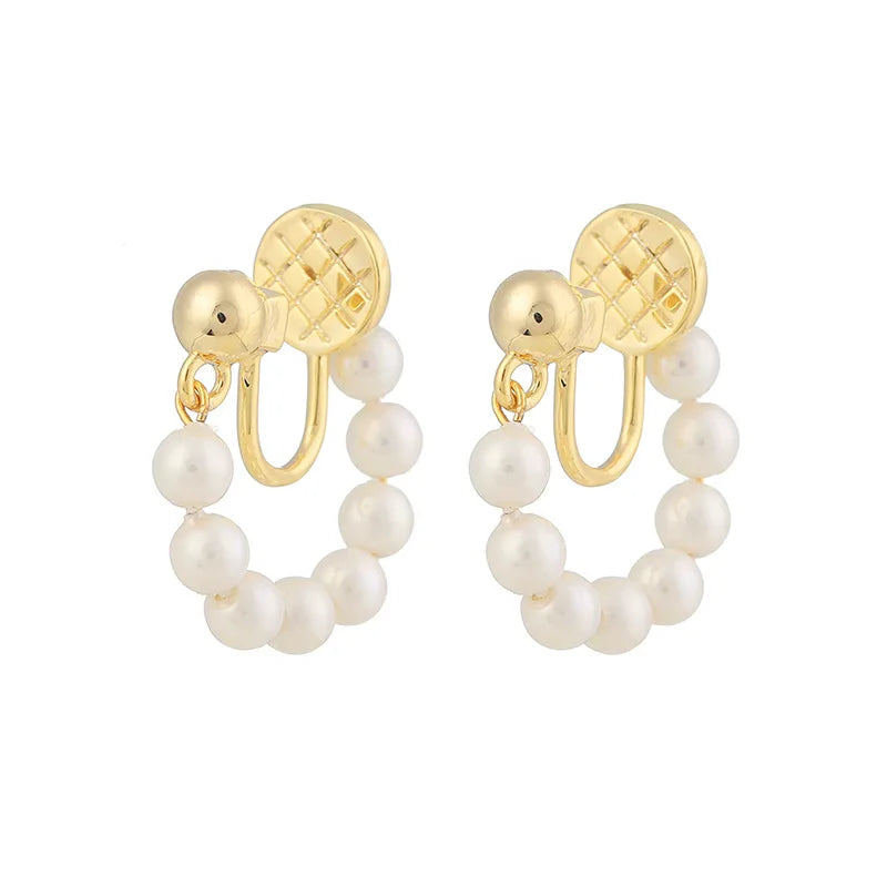 Elegant Shell Pearl Hoop Drop Stud & Clip On No Piercing Gold Alloy French Luxury Earrings