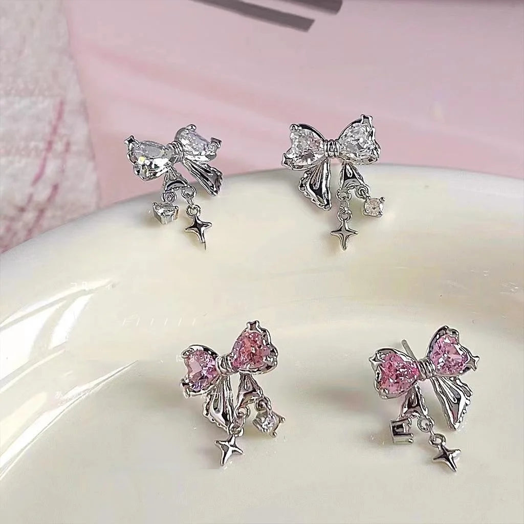Sweet Cool Micro Pave Zircon Bow Stud Earrings Copper Cute Lolita Silver Plated Pin Jewelry