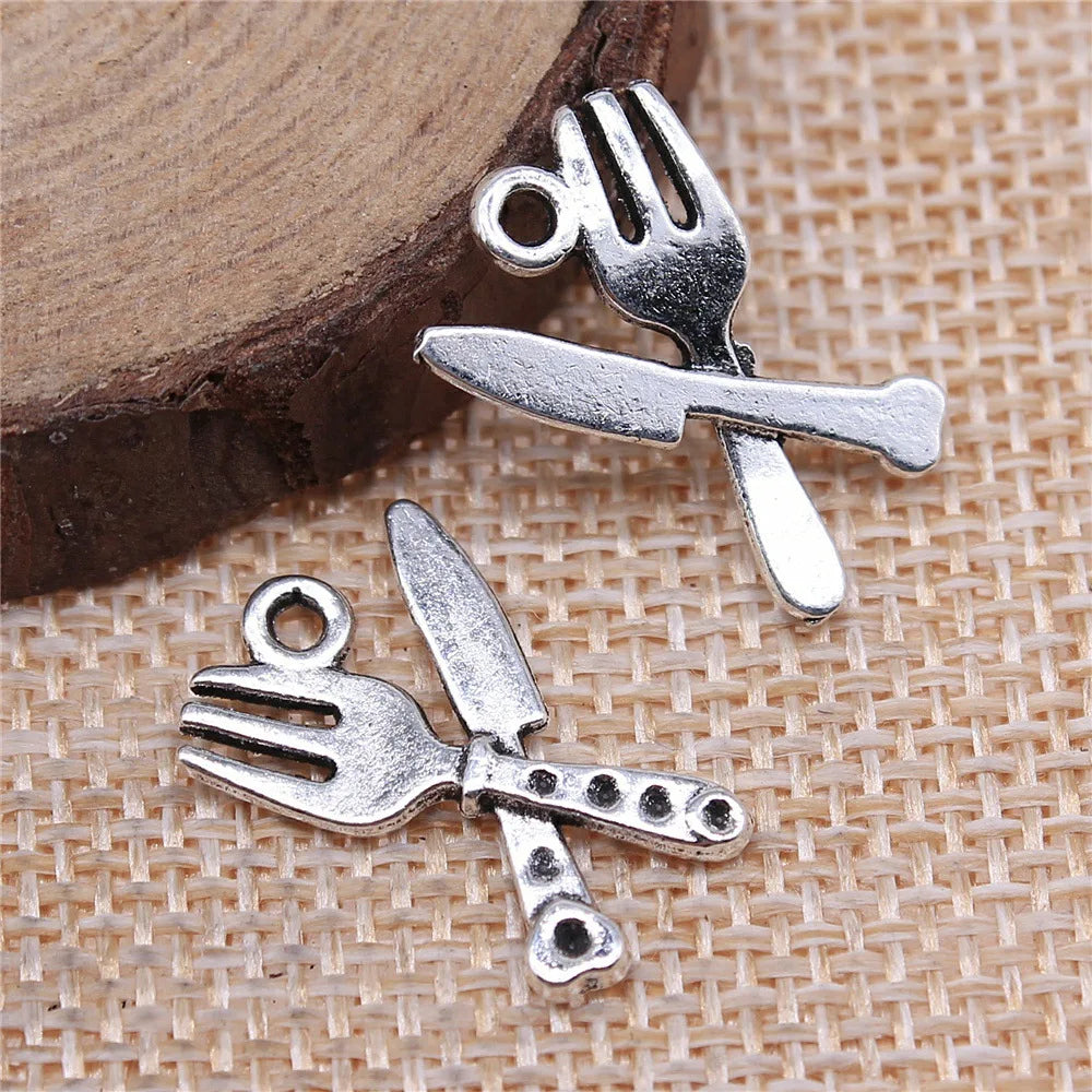 20x14mm 1.2g Antique Silver Zinc Alloy Cutlery Knife Fork Charm Pendant for Food Theme Jewelry Making