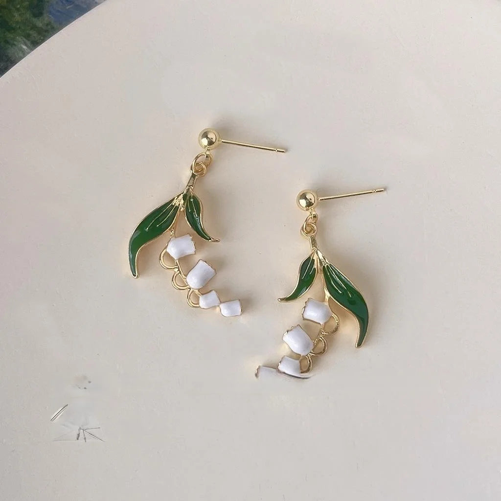 Handmade Copper Drip Glaze Lily Of The Valley Flower Long Stud Earrings Forest Style Jewelry