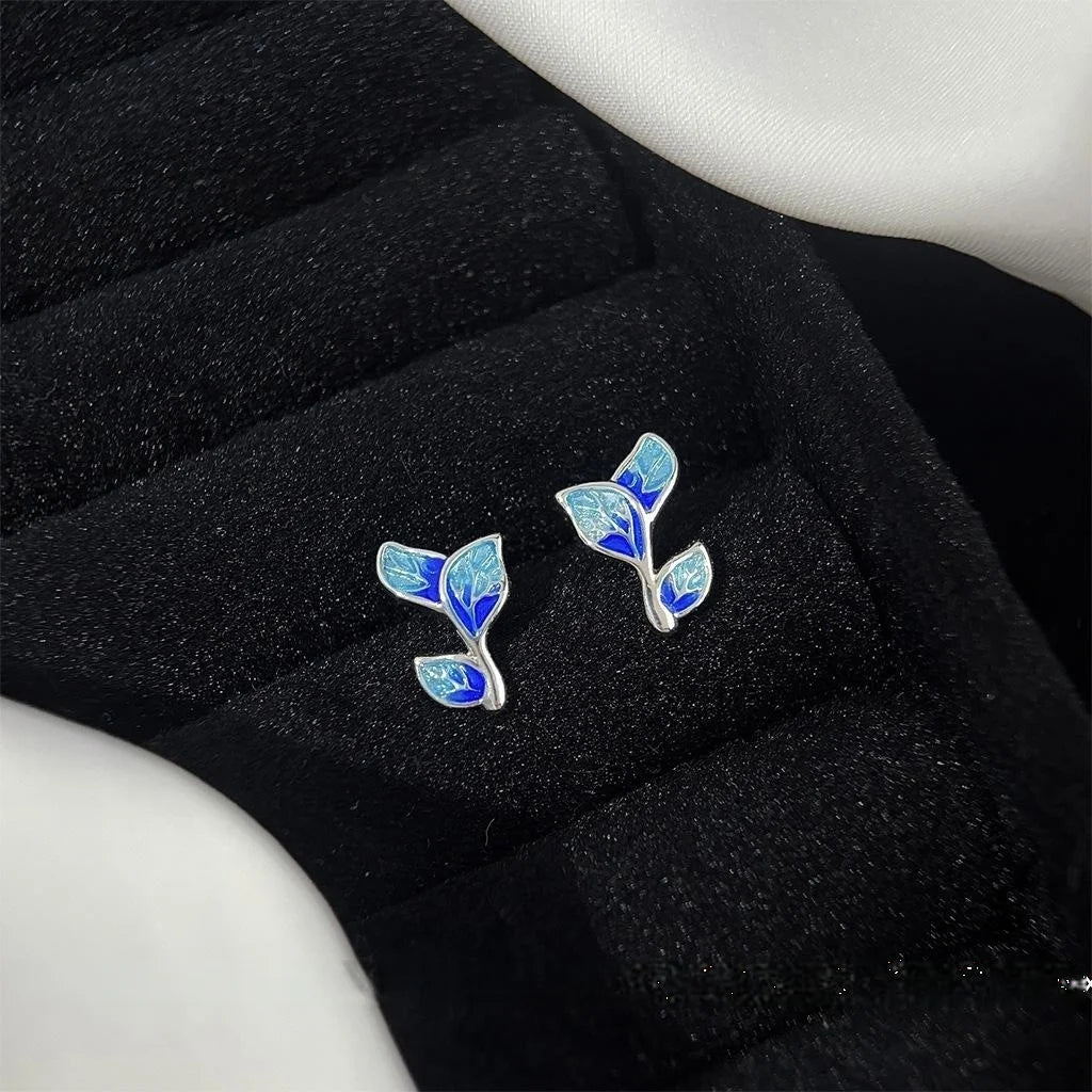 Copper Leaf Stud Earrings For Women, Simple New Chinese Cloisonne Color Commuter Jewelry