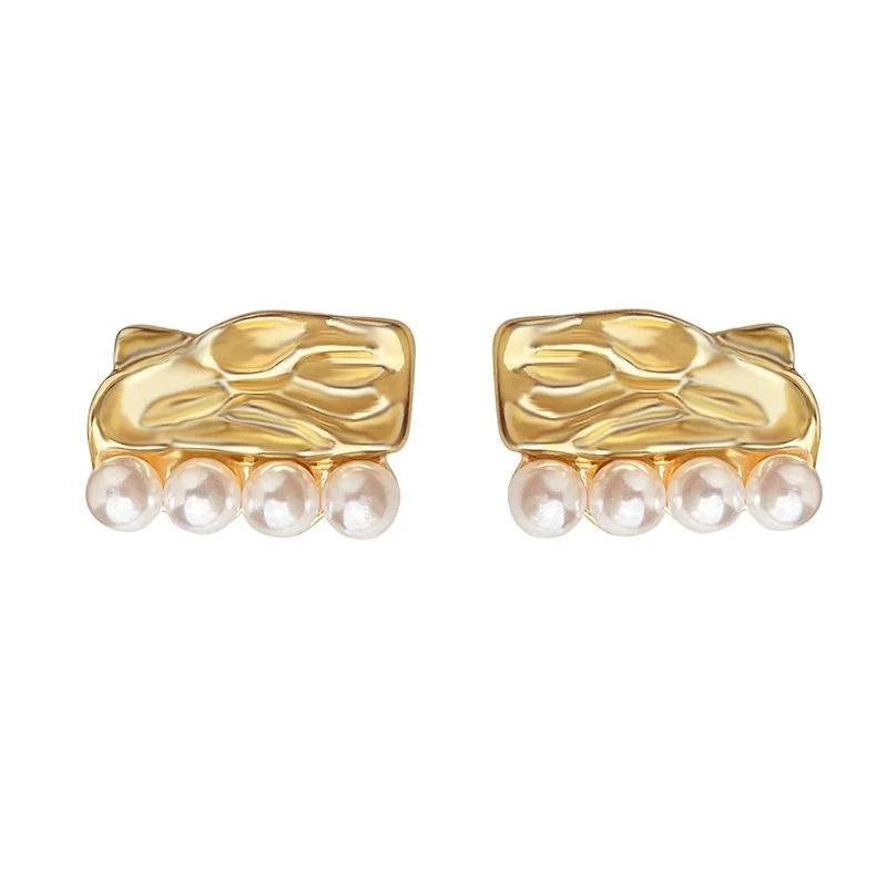 French Vintage Textured Copper Pearl Stud Earrings, Liquid Geometric Round Square Design