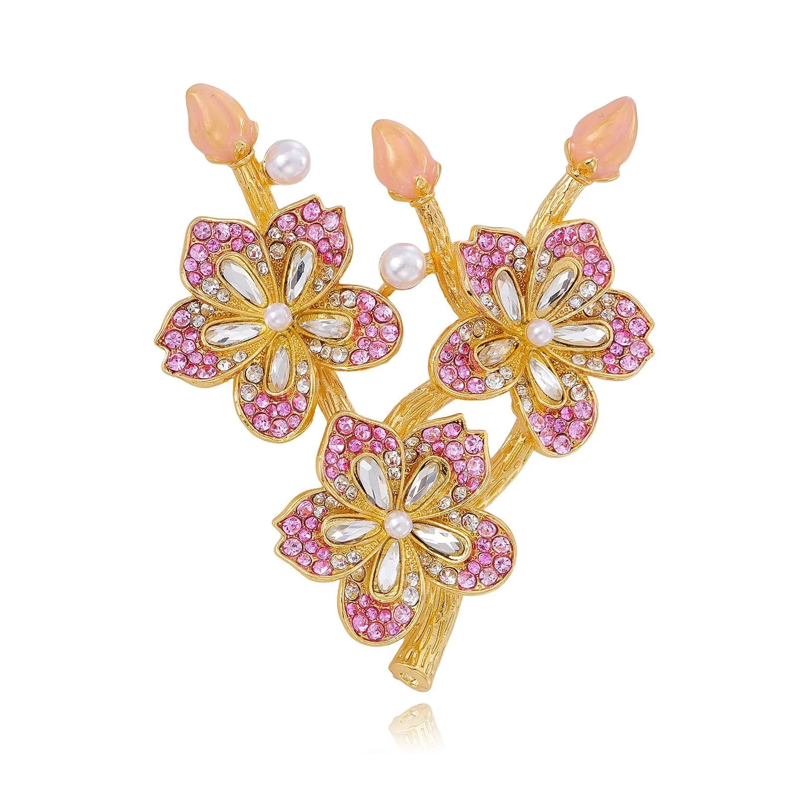Elegant Peach Blossom Branch Brooch With Pink Rhinestones And Faux Pearls, Gold Alloy Lapel Pin Suit Accessory