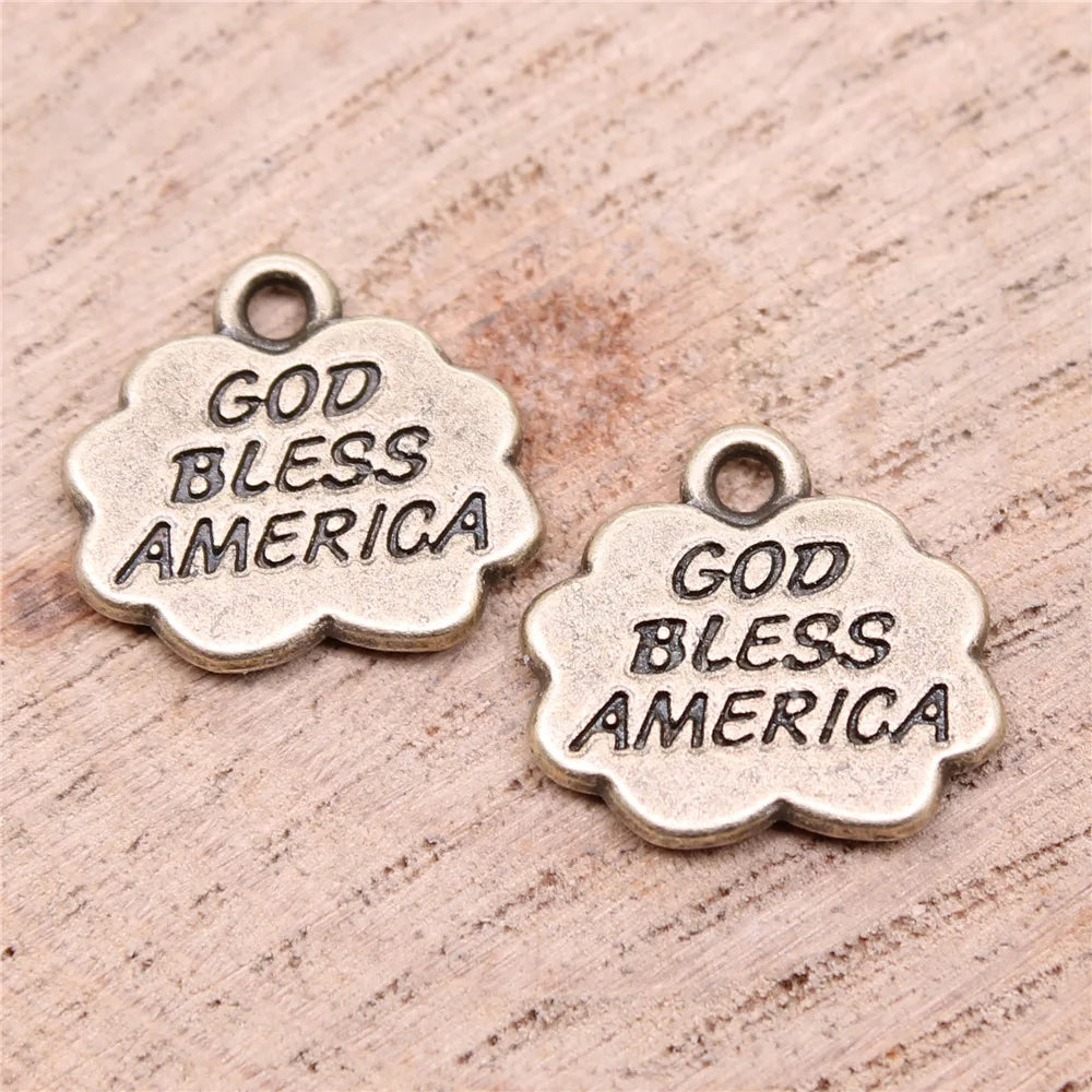 16x15mm 1.73g Antique Bronze Zinc Alloy God Bless America Quote Charm Pendant for DIY Jewelry Making