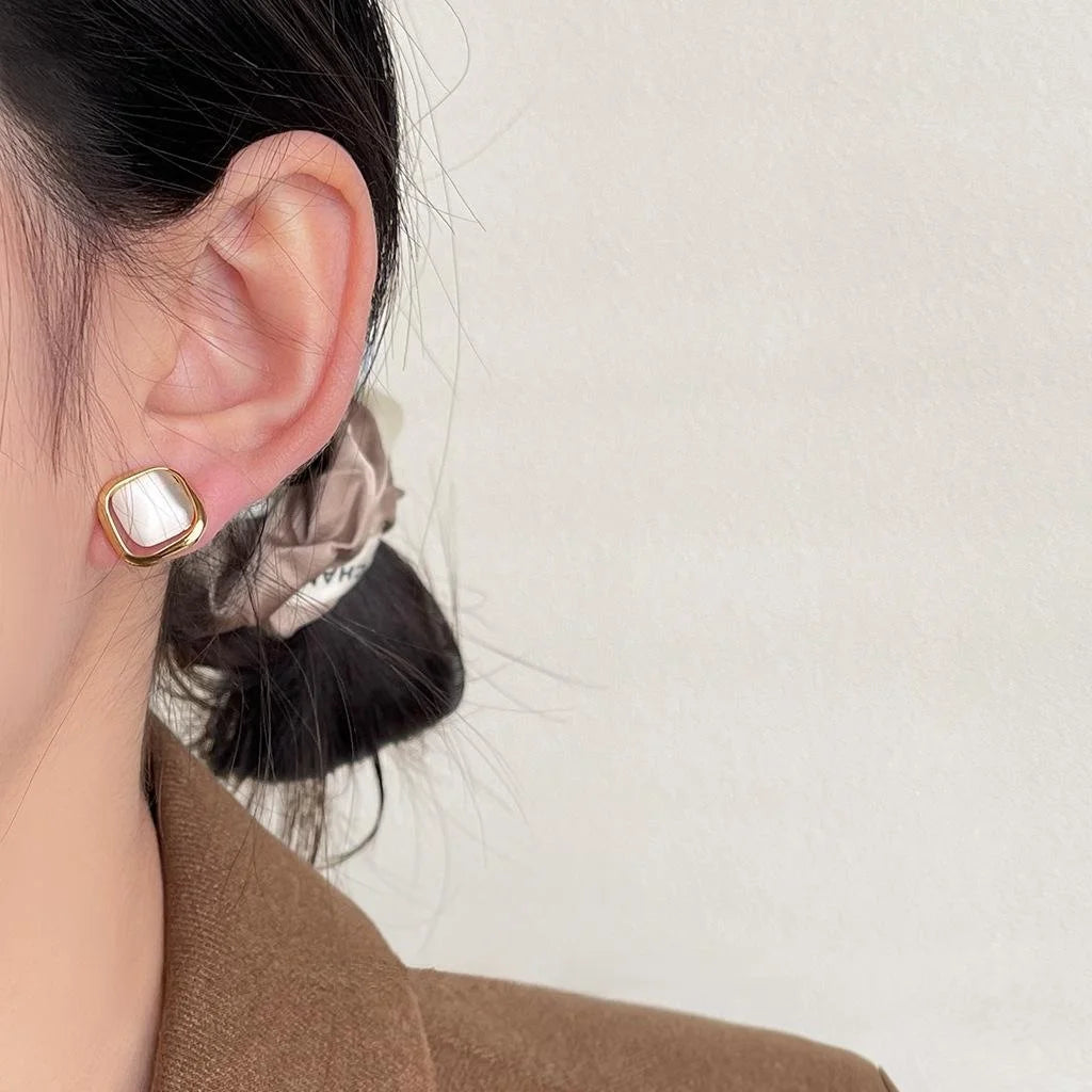French Luxury Style 14K Plated Copper Glass Cat Eye Stone Square Geometric Stud Earrings