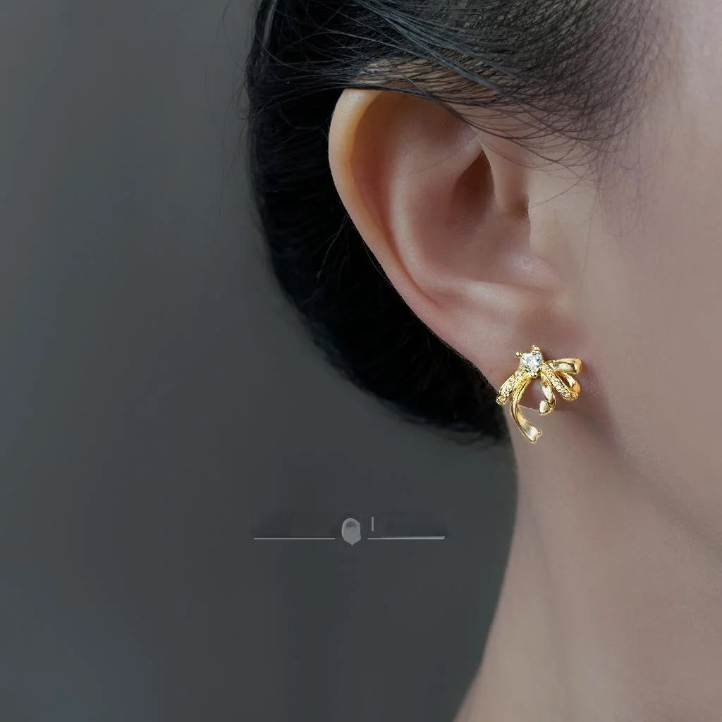 Micro Pave Zircon Heart Bow Stud Earrings, Copper 3D Ribbon Luxury Jewelry