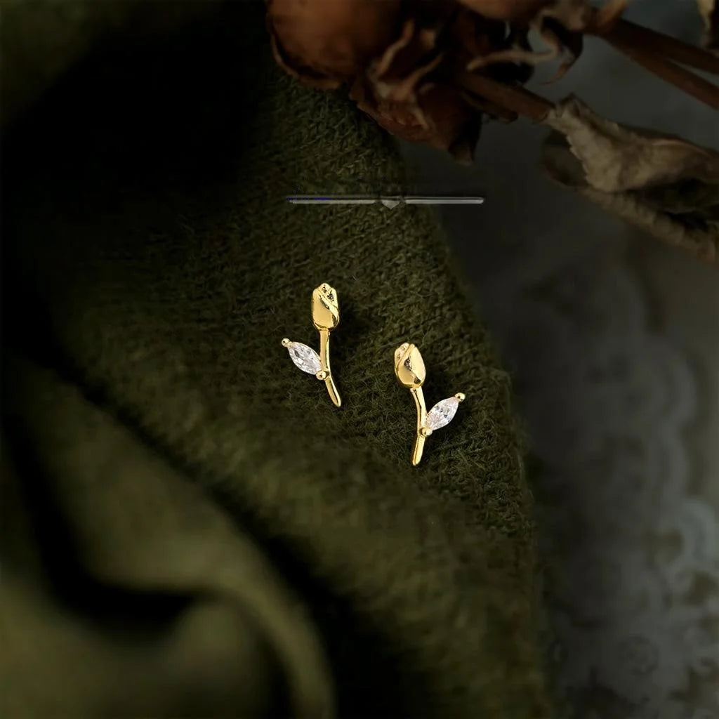 14K Gold Plated Copper Tulip Zircon Stud Earrings Minimalist Floral Style Jewelry