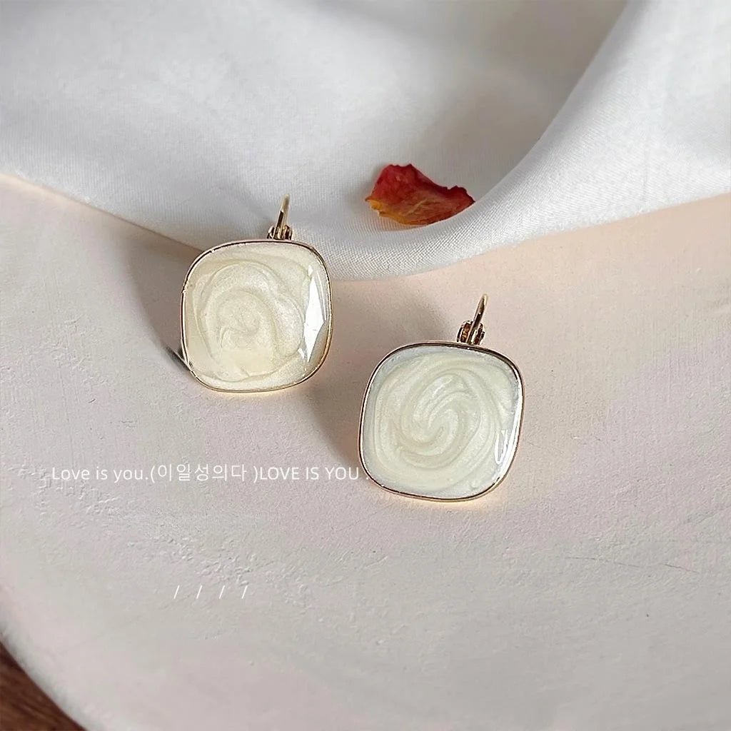 Korean Style Copper Square Enamel Drop Earrings Minimalist French Geometric Ear Jewelry