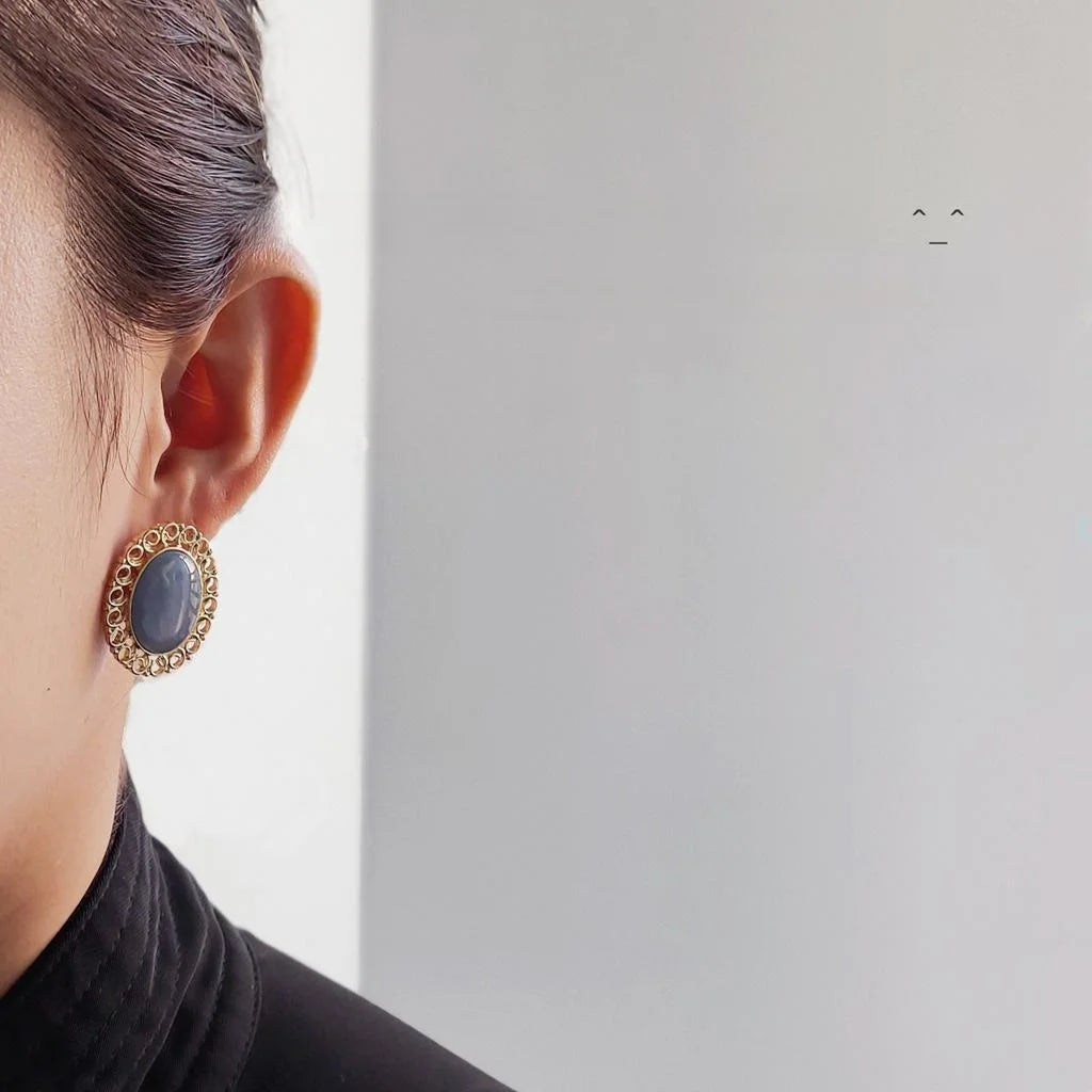 14K Plated Alloy Hollow Oval Haze Blue Drop Earrings, Hong Kong Vintage Jewelry