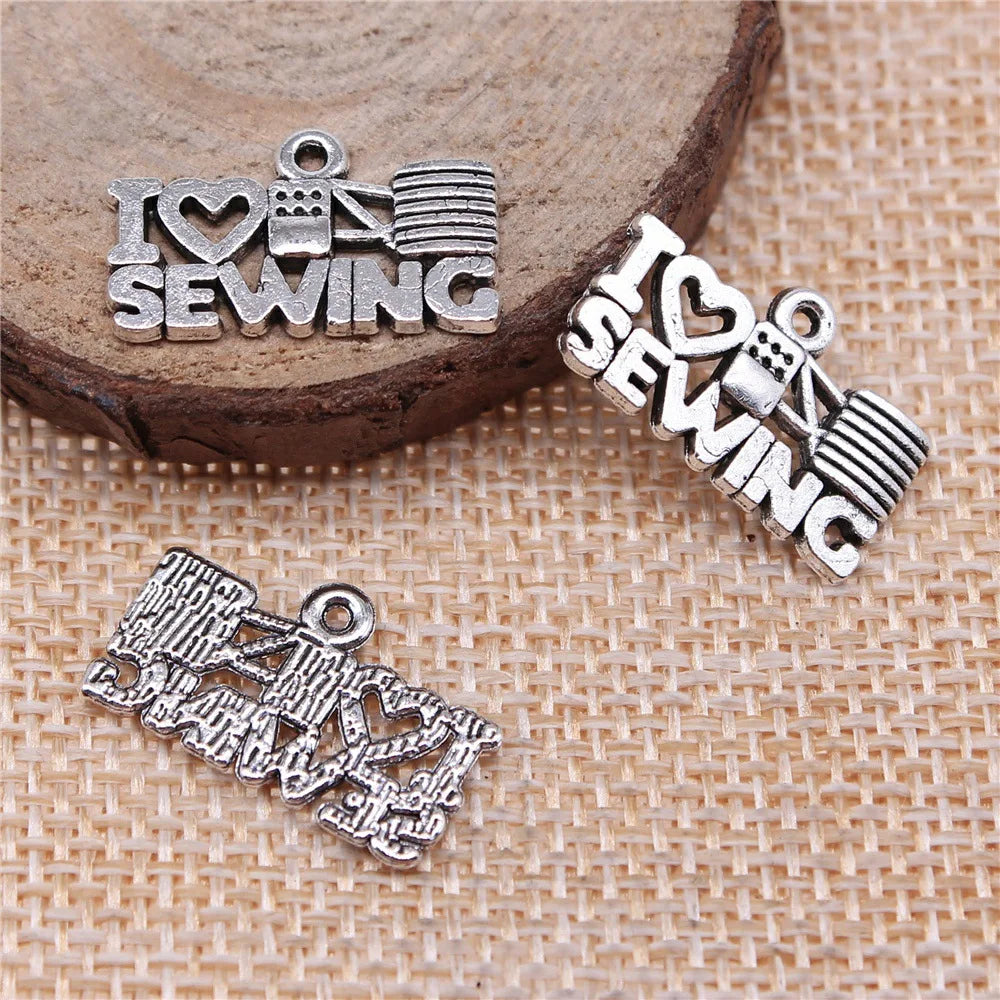 20x12mm 1.3g Antique Silver Zinc Alloy I Heart Sewing Charm Pendant for DIY Craft Jewelry Making