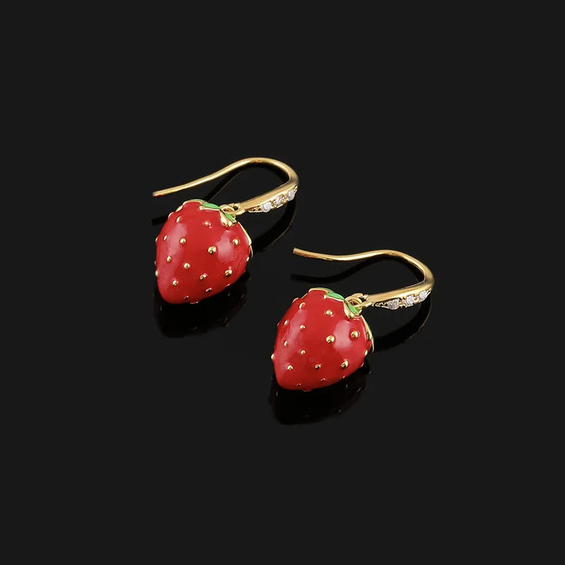 Sweet Cute Enamel Strawberry Alloy Zircon Luxury Long Drop Stud & Clip On No Piercing Fruit Earrings