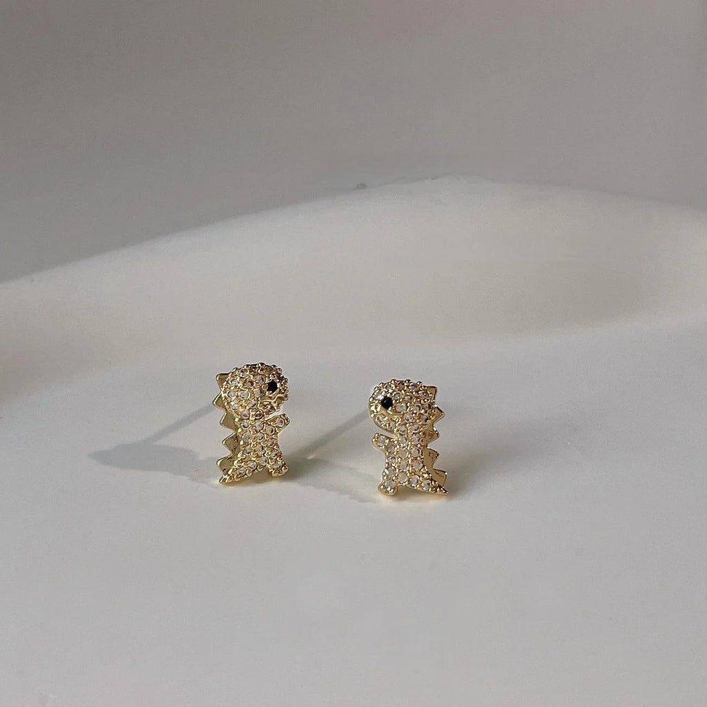 Mini Dinosaur Stud Earrings For Women 14K Plated Copper Micro Pave Zircon Cute Animal Jewelry