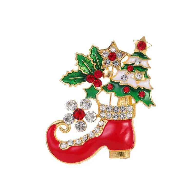 Elegant Christmas Boot Brooch With Enamel Holly Tree And Rhinestones, Alloy Lapel Pin Corsage Gift