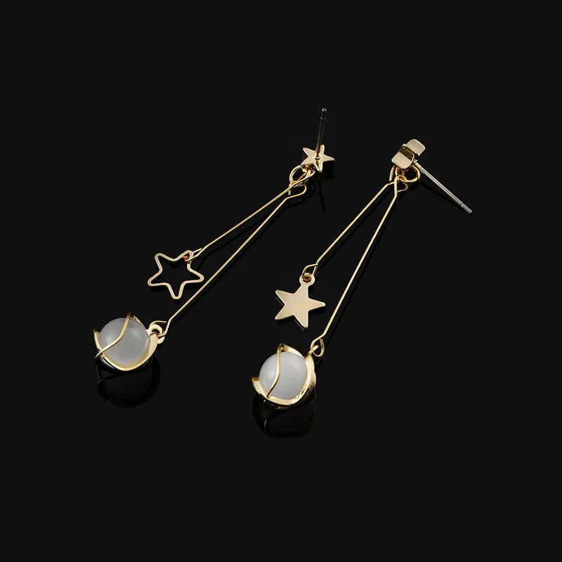 Elegant Gold Alloy Spiral Star Cat Eye Stone Long Drop Stud & Clip On No Piercing Earrings