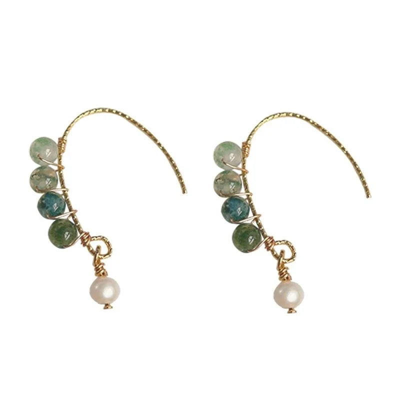 Forest Style Natural Stone And Freshwater Pearl Geometric Round 14K Plated Drop Earrings