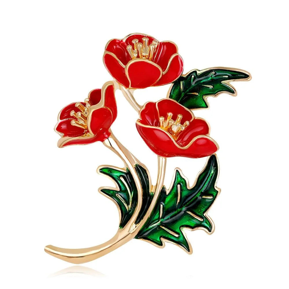 Elegant Red Enamel Poppy Flower Brooch With Rhinestone Gold Alloy Lapel Pin Corsage Suit Accessory Gift