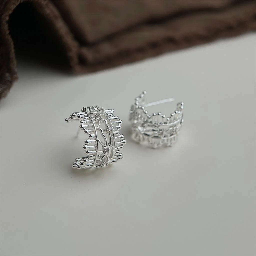 Lace Edge Hollow Geometric Copper Drop Earrings Sweet Light Luxury Style
